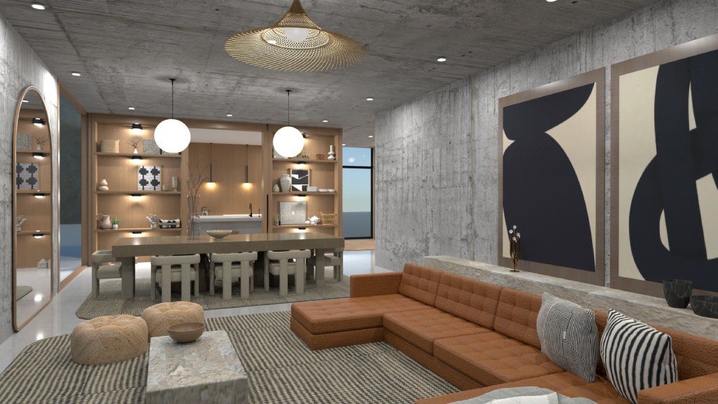 modern gray living room with sectional orange sofa