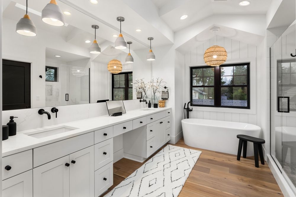 mordern bathroom with extra large mirror