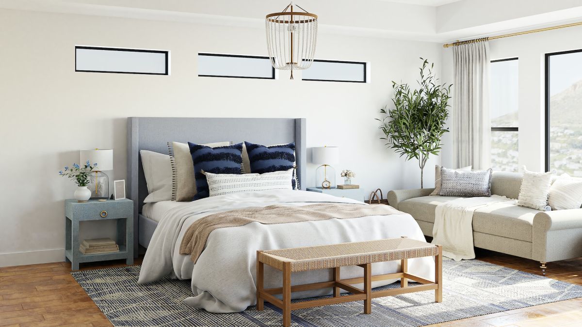 bedroom with light walls and blue accents