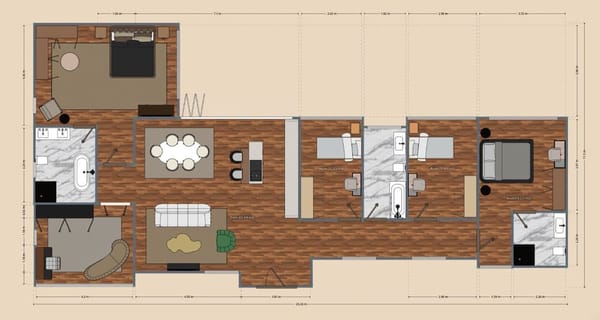 Planta baixa de 3 quartos criada usando o catálogo do Planner 5D