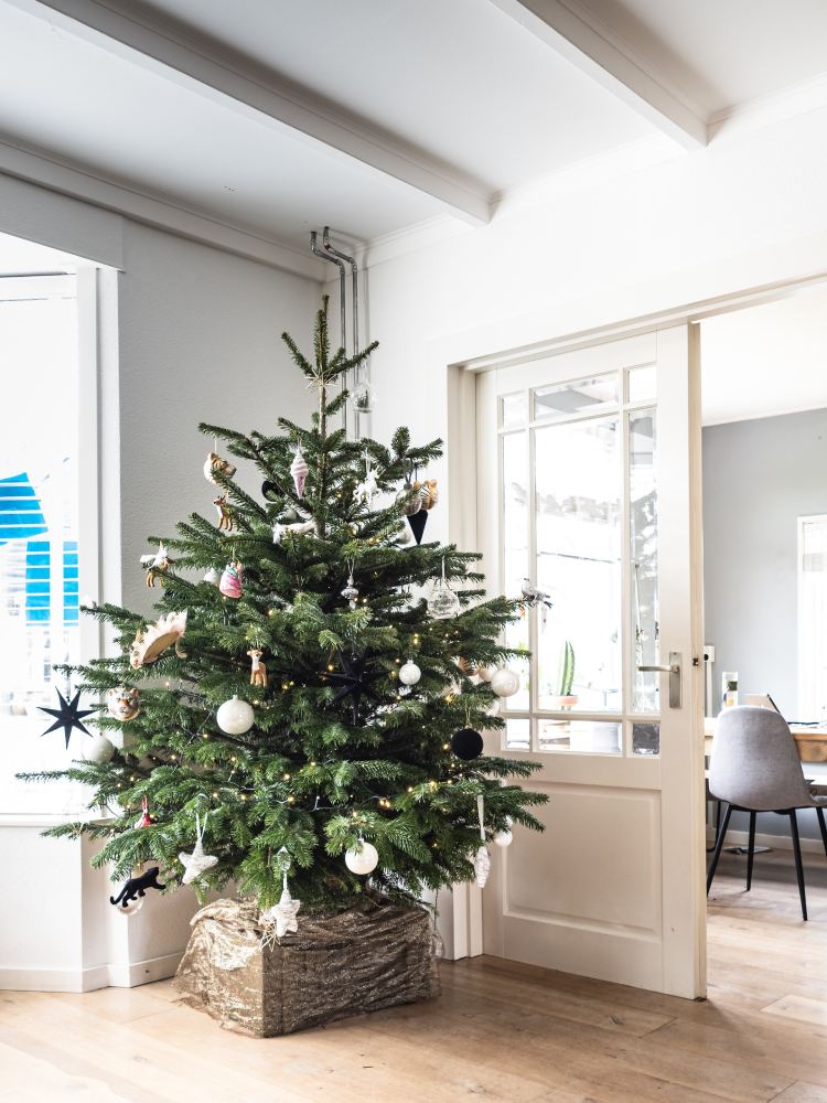 green christmas tree with baubles beside white wooden framed glass door