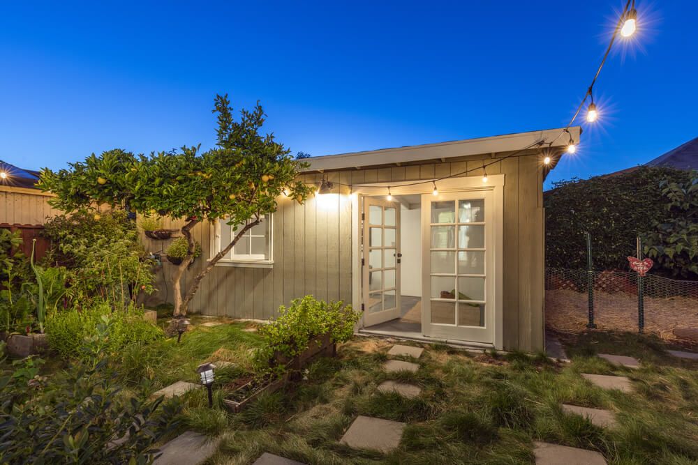 Modern Tiny Home Guest House at twilight.