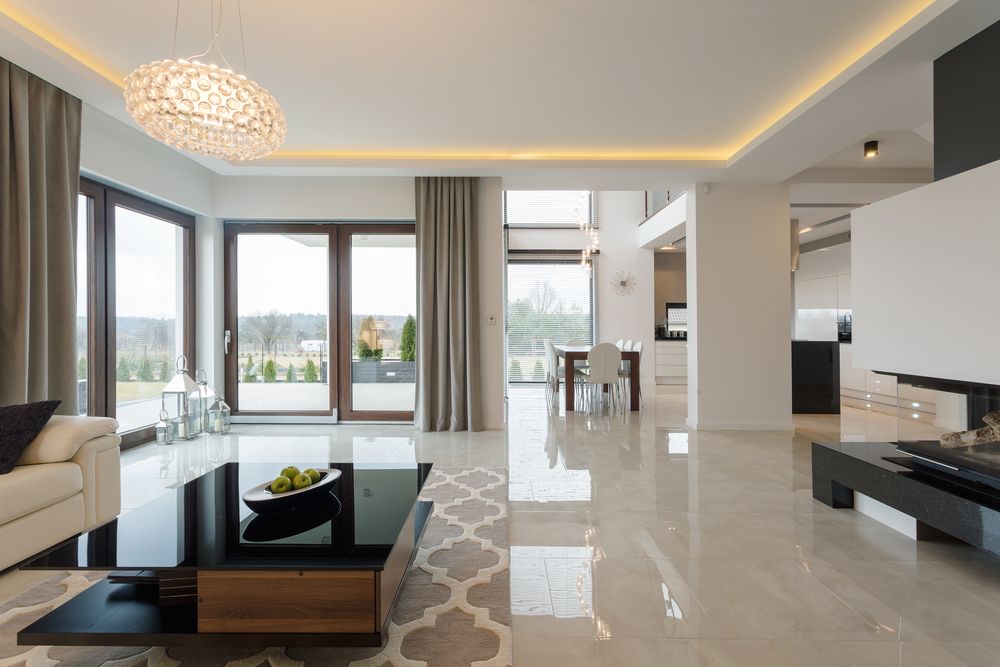 modern living room with marble flooring